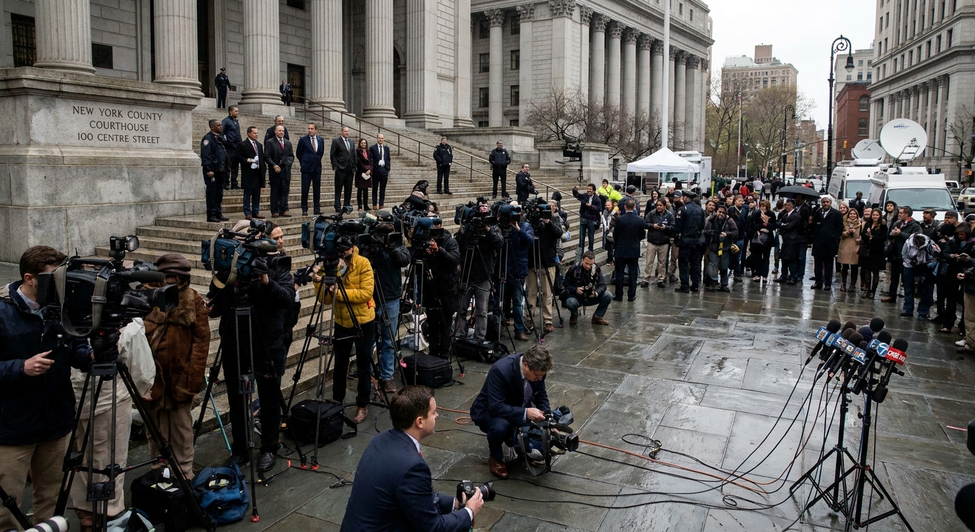 Courthouse steps in New York City with television cameras and microphones set up for a press scrum