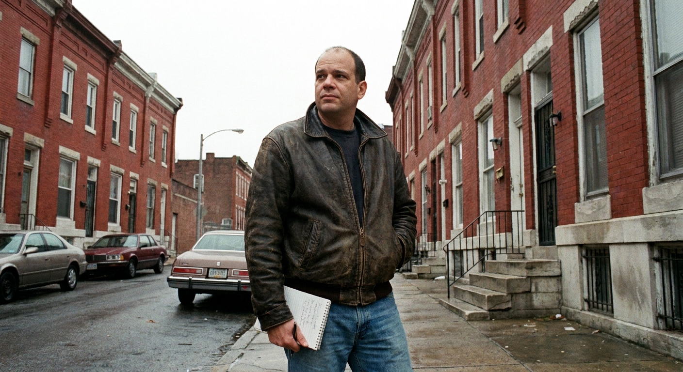 David Simon standing on a Baltimore city street near rowhouses
