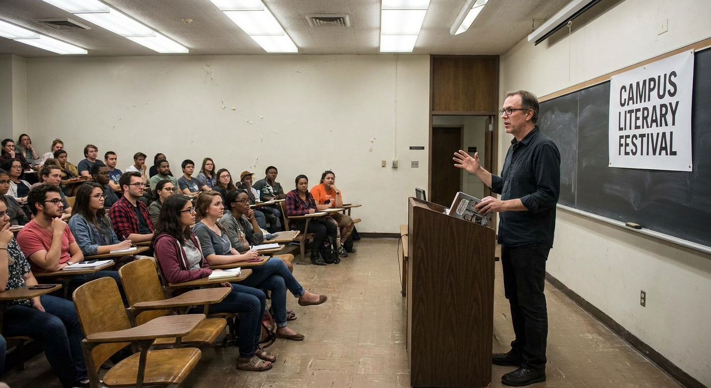 Derf Backderf in a classroom-style venue, gesturing while speaking to an audience during a reading, candid photography