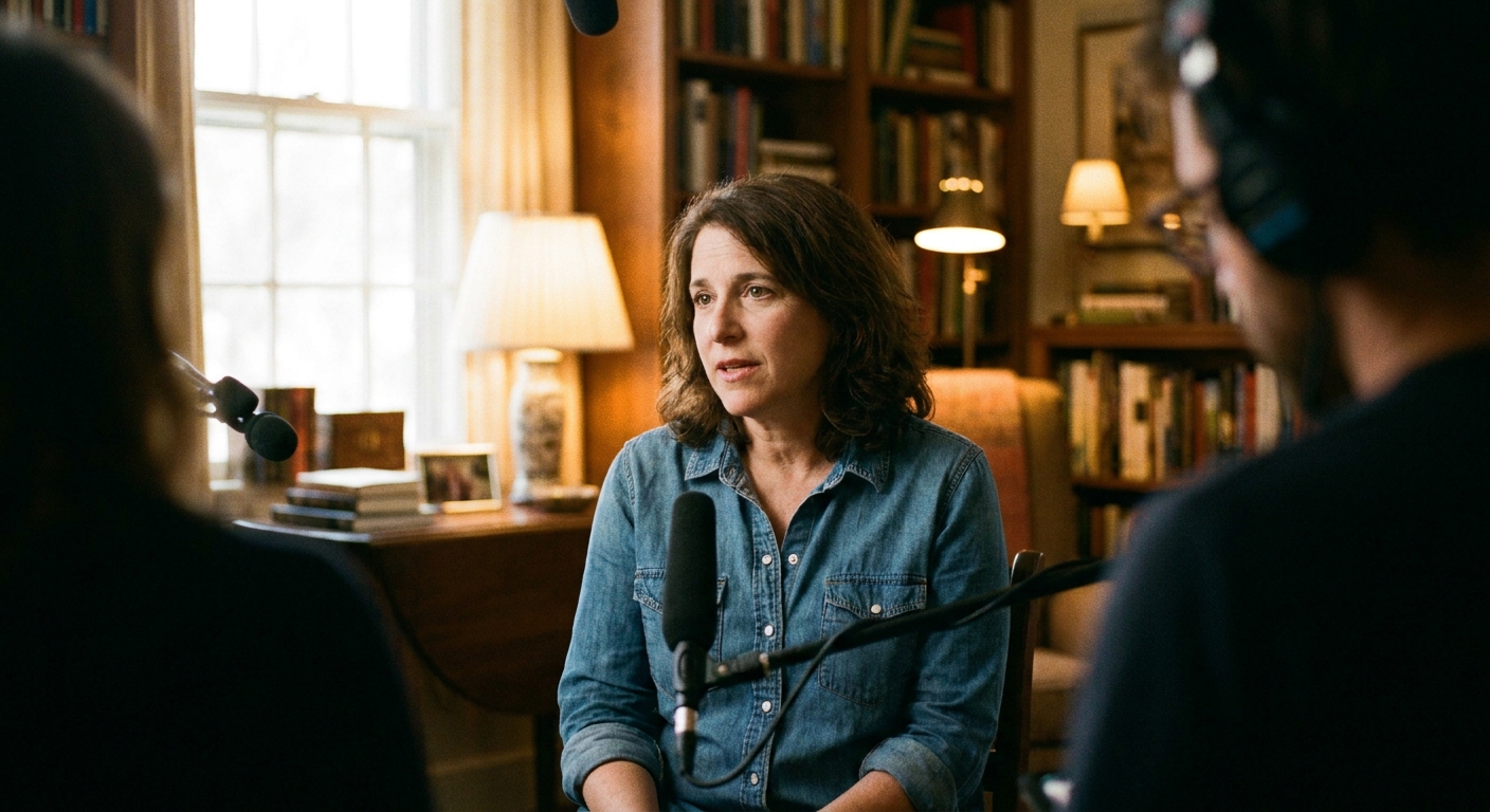 Director Liz Garbus seated in an interview setup with soft lighting, looking slightly off camera as she speaks