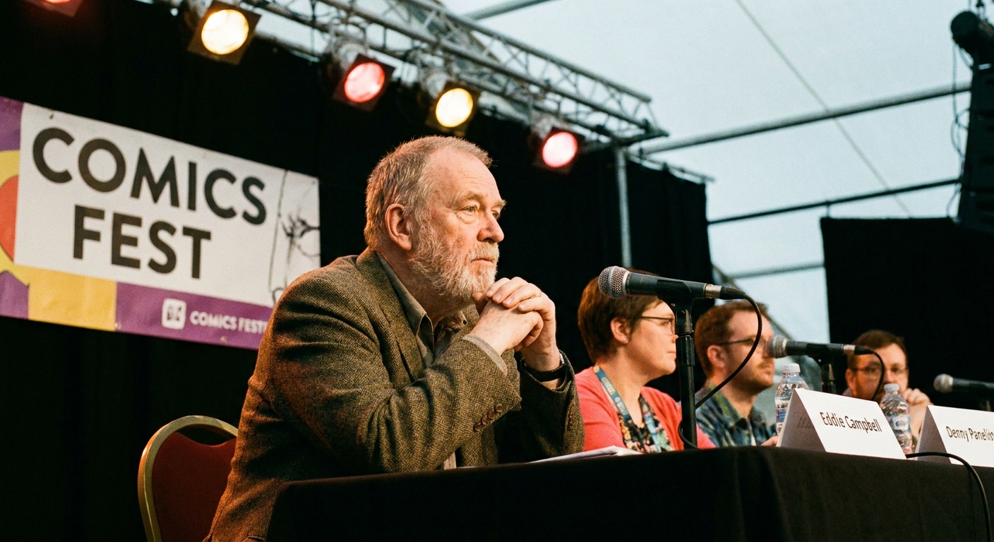 Eddie Campbell seated at a panel table during a comics festival, listening with hands folded, photographed under stage lighting