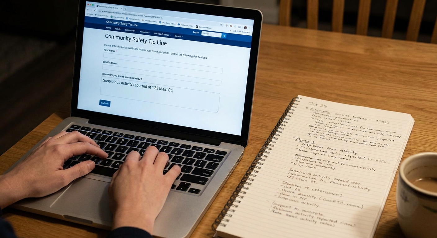 Hands typing a short, factual message into an online tip submission form on a laptop, with a notebook open beside it