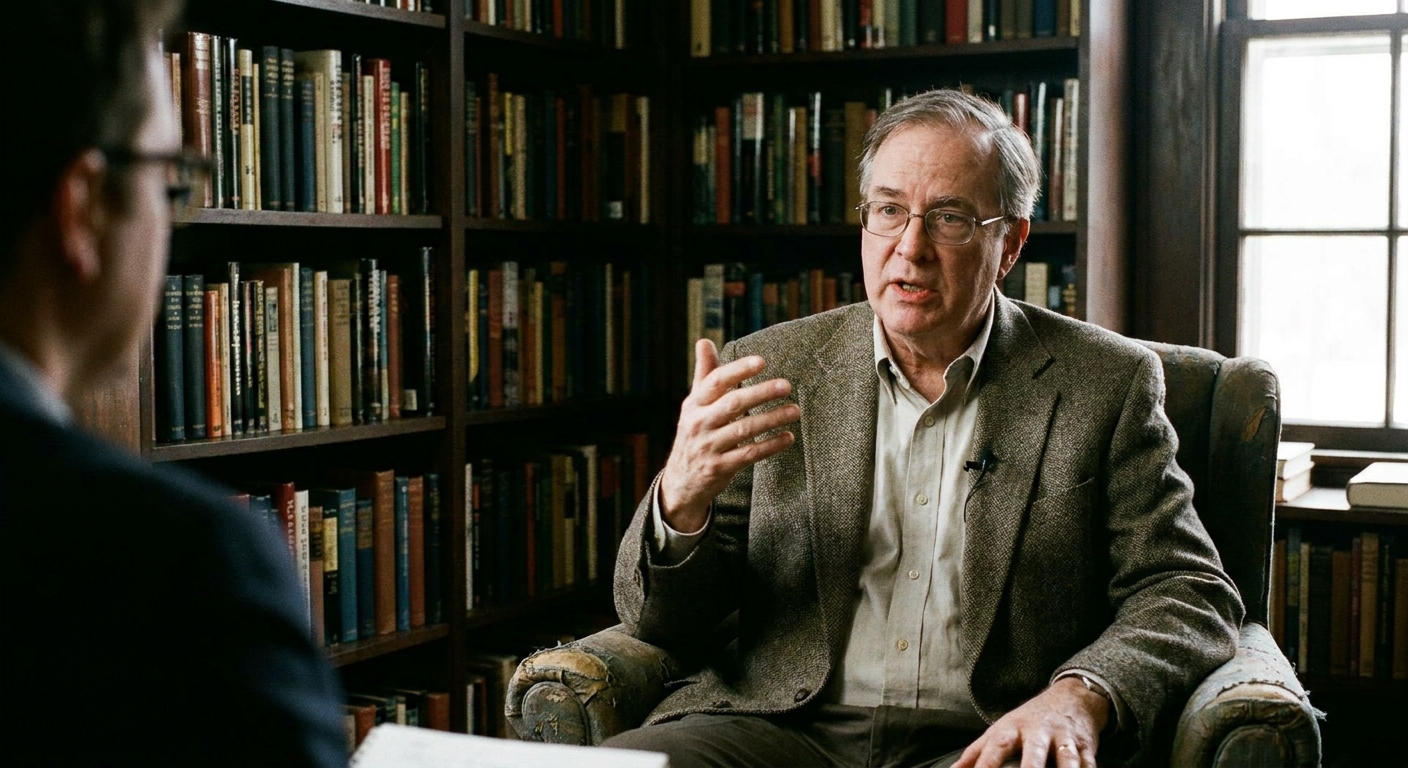 Harold Schechter seated in a library-like room, speaking during an interview with bookshelves behind him, candid documentary-style photography
