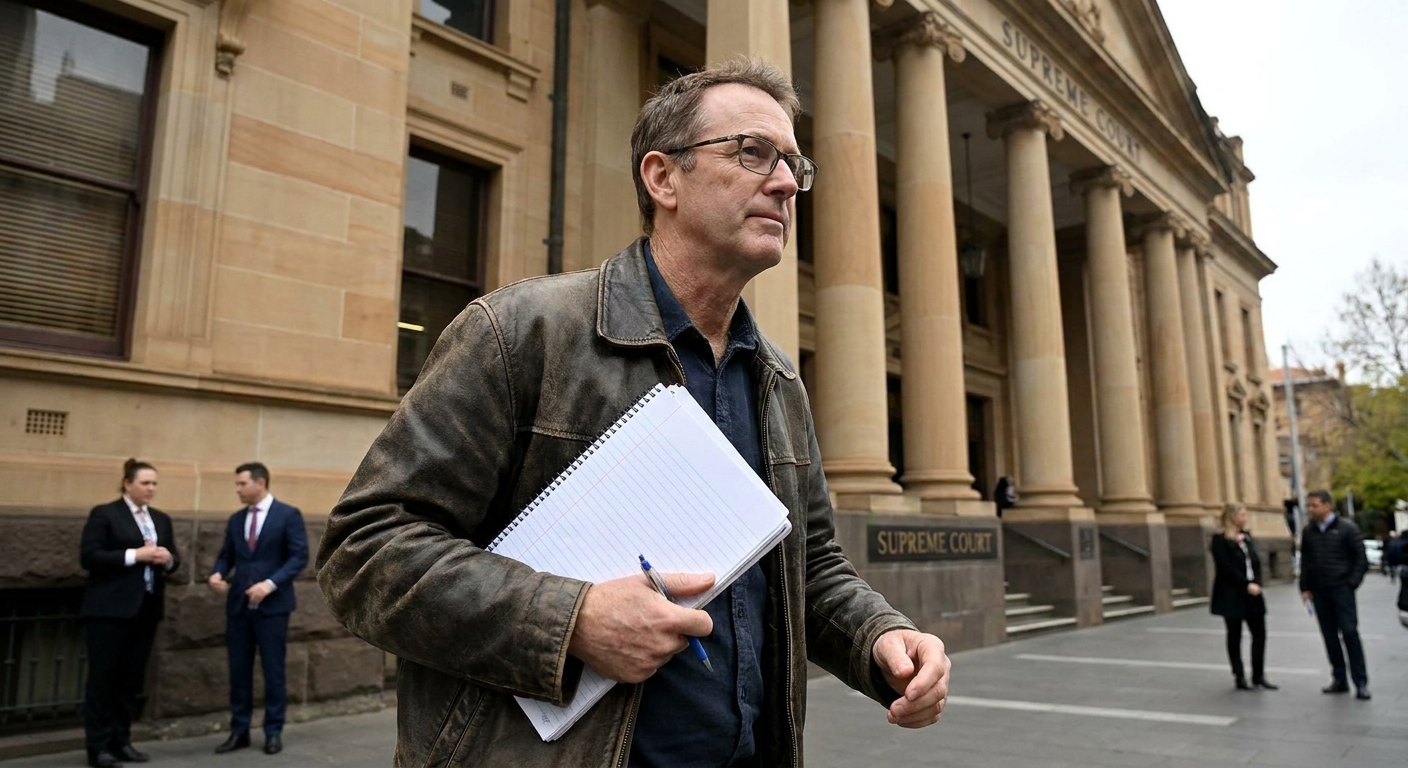 Hedley Thomas walking near a courthouse holding a notebook
