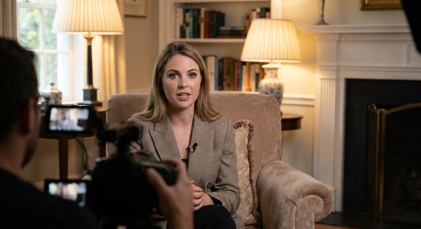 India Oxenberg seated for an on-camera interview in a softly lit room