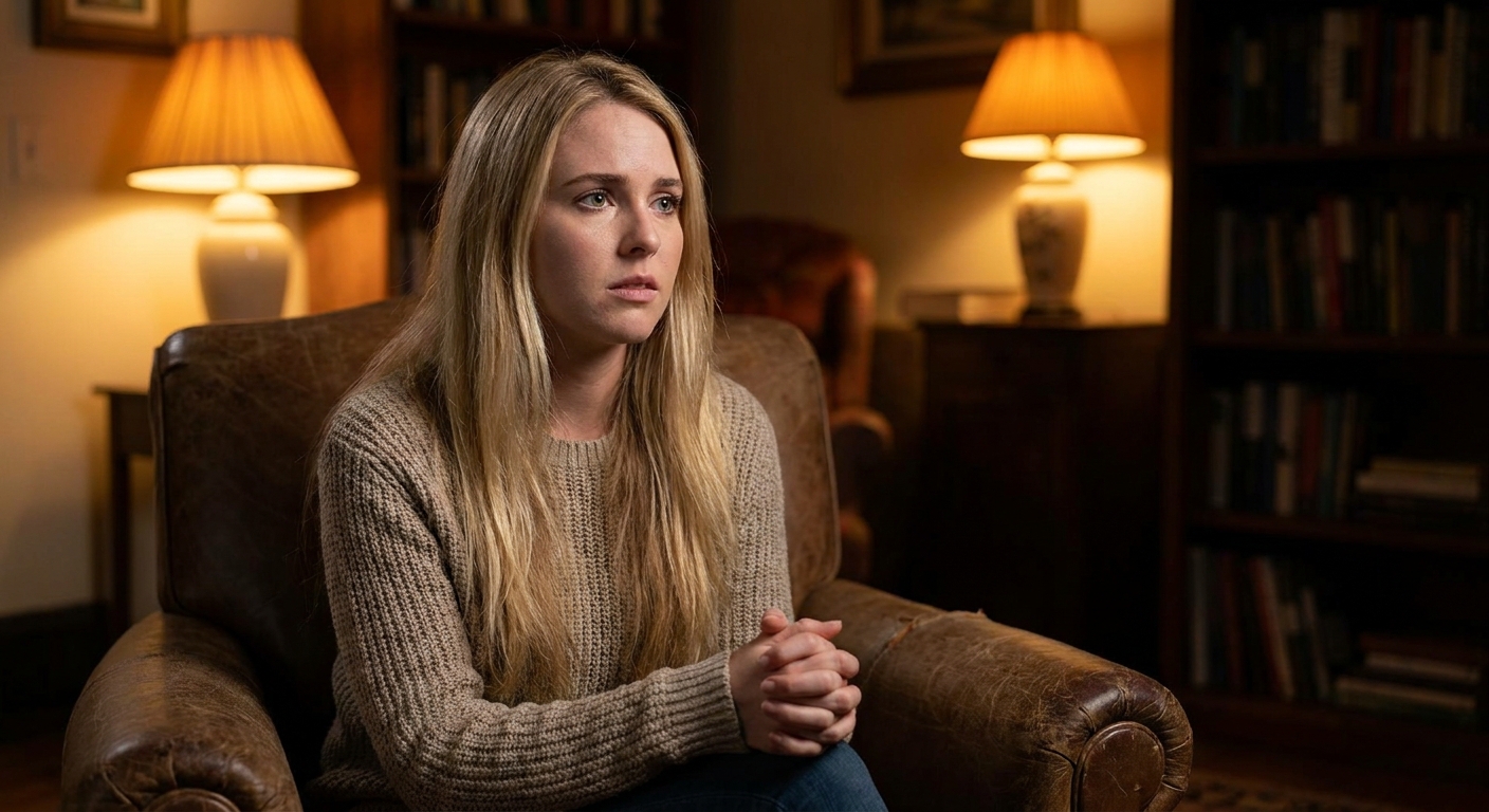 India Oxenberg seated in a softly lit room, looking toward an off-camera interviewer