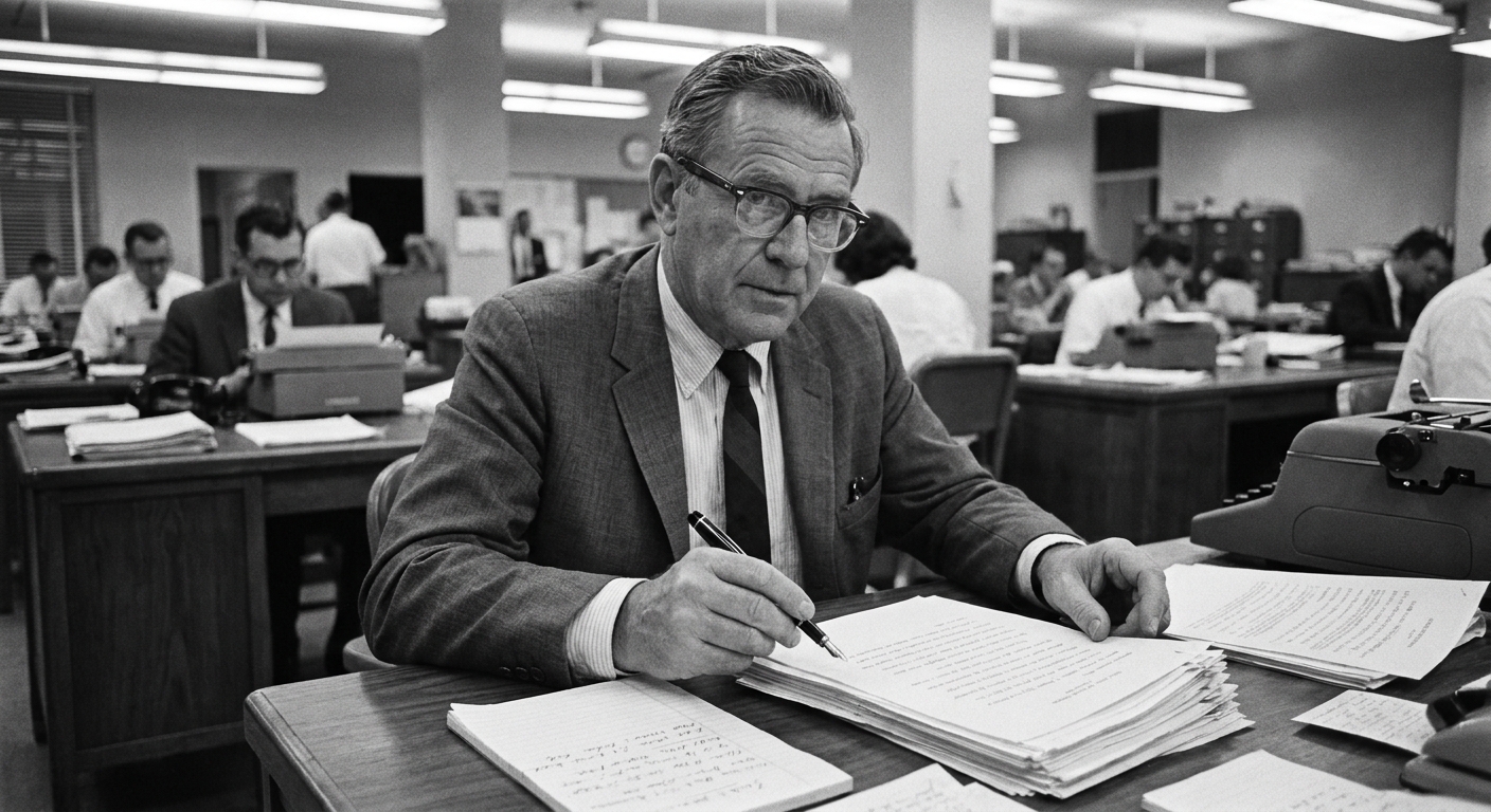 Jack Olsen in a black-and-white portrait photo, seated with a pen and papers, newsroom setting