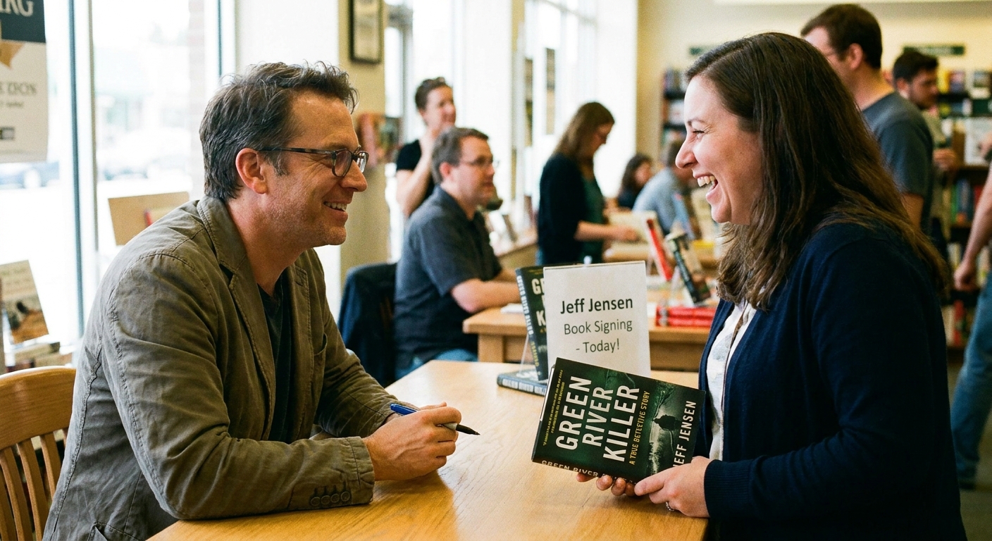 Jeff Jensen seated at a table during a book signing, speaking with a reader while holding a pen, candid event photography
