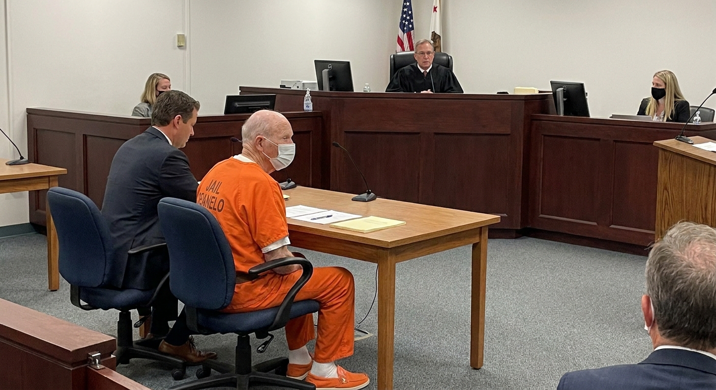 Joseph James DeAngelo in a courtroom wearing a jail uniform, seated beside defense counsel as the judge’s bench sits in the background