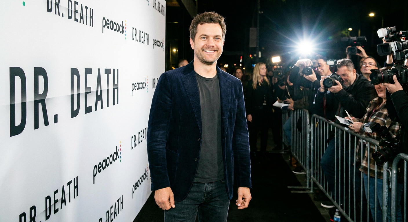 Joshua Jackson posing for photographers at a premiere, wearing a blazer and standing in front of a step-and-repeat backdrop