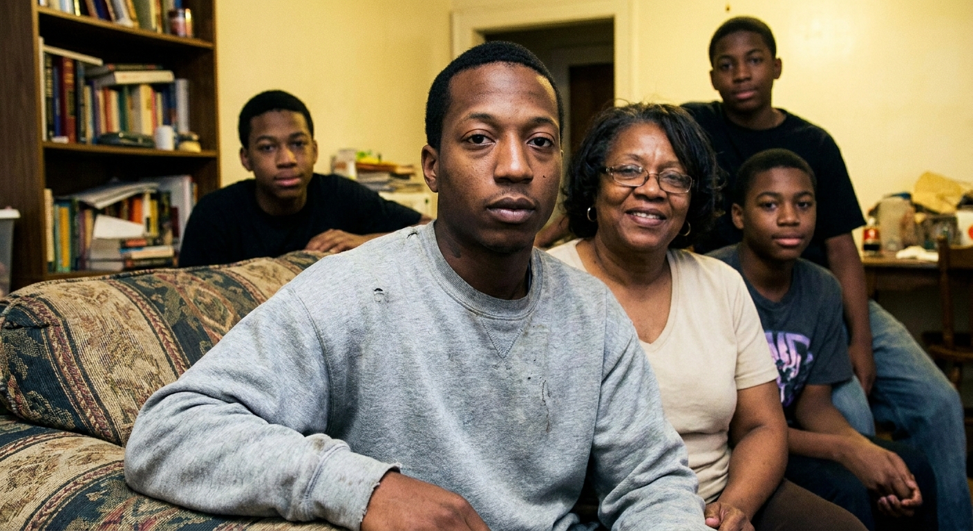 Kalief Browder in a candid family photograph indoors, looking toward the camera with a neutral expression.