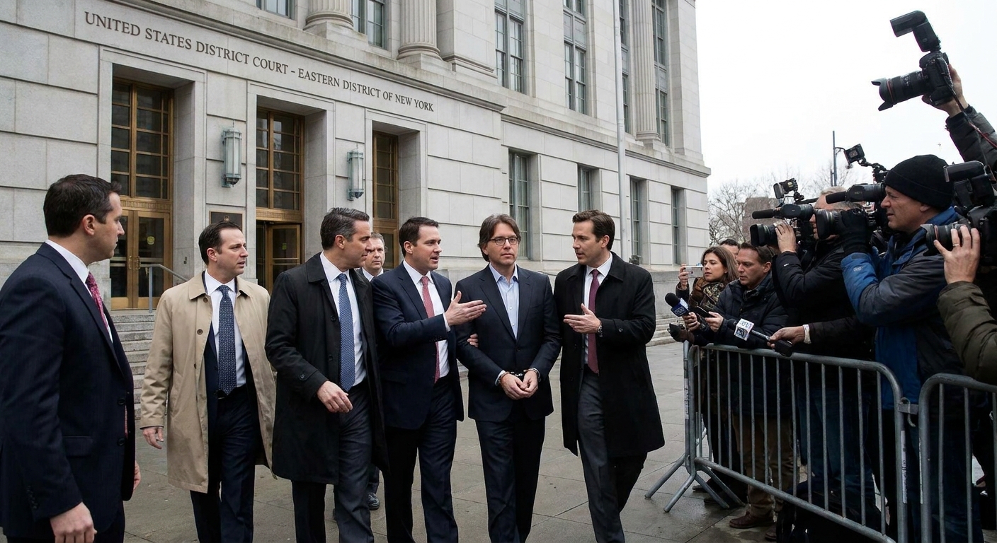 Keith Raniere walking toward a federal courthouse with attorneys nearby as members of the press look on