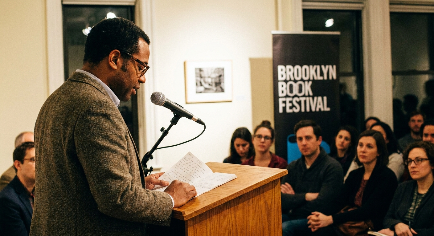 Mat Johnson standing at a lectern during a literary event, looking down at notes while speaking into a microphone