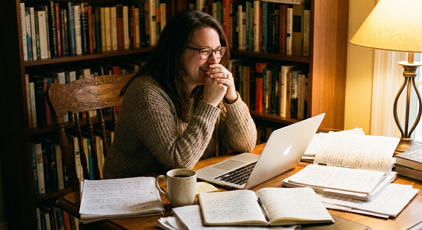 Michelle McNamara seated at a table with a laptop and notes, candid author image in warm indoor light