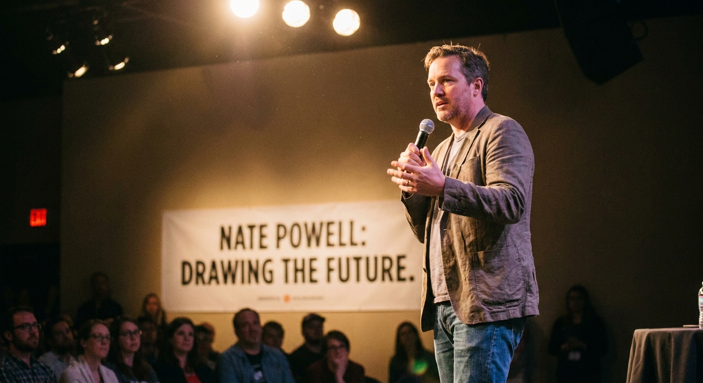 Nate Powell standing on a stage during a public talk, speaking into a handheld microphone under soft theater lighting