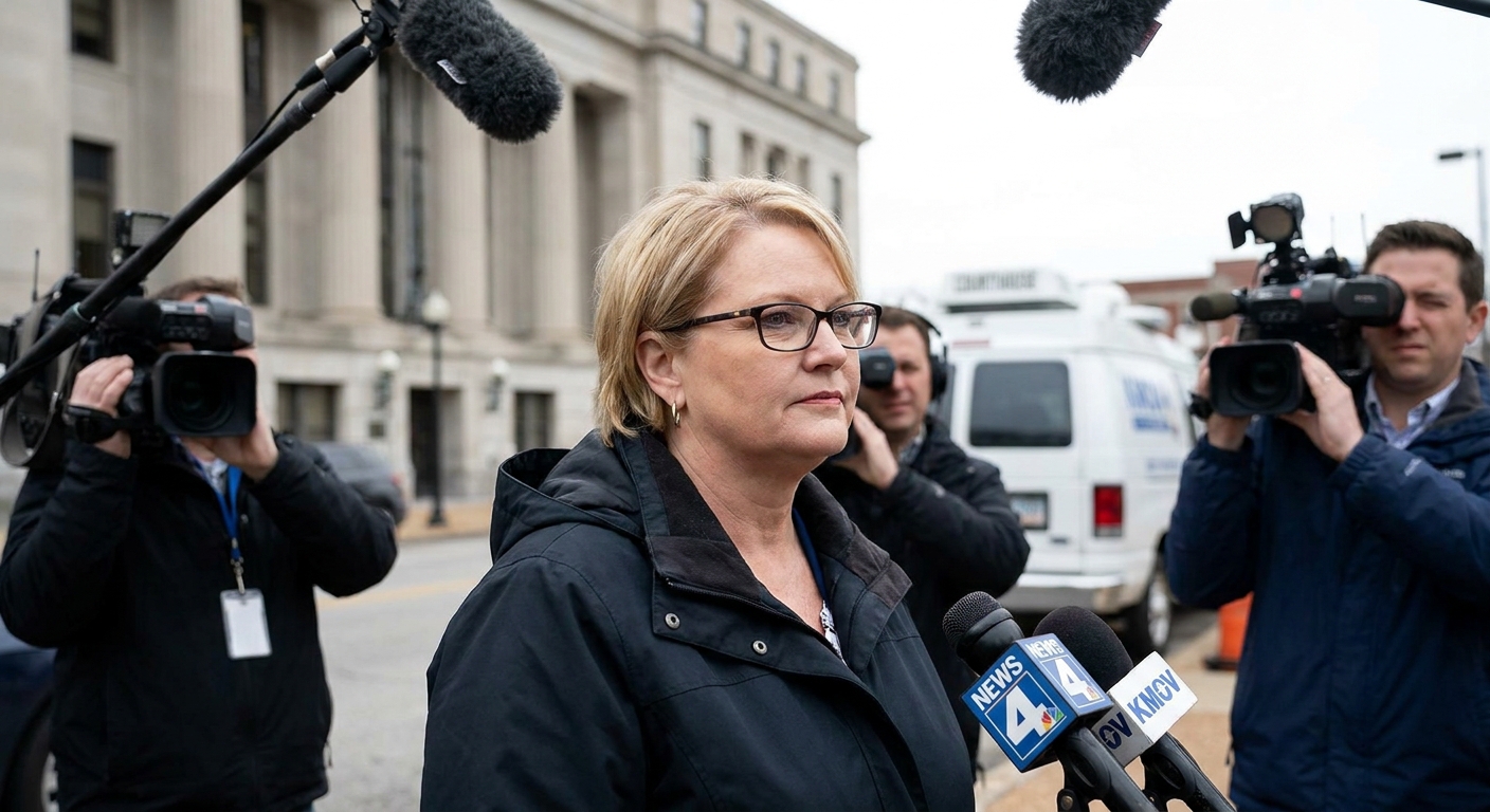 Pam Hupp stands outdoors in daylight with a neutral expression in a candid news setting
