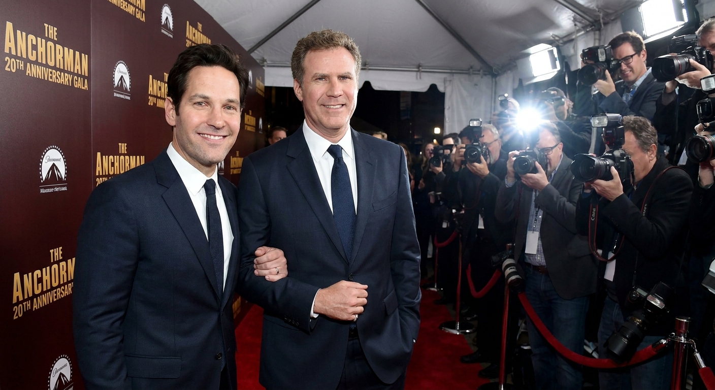 Paul Rudd and Will Ferrell posing together at an event, dressed in suits, facing photographers