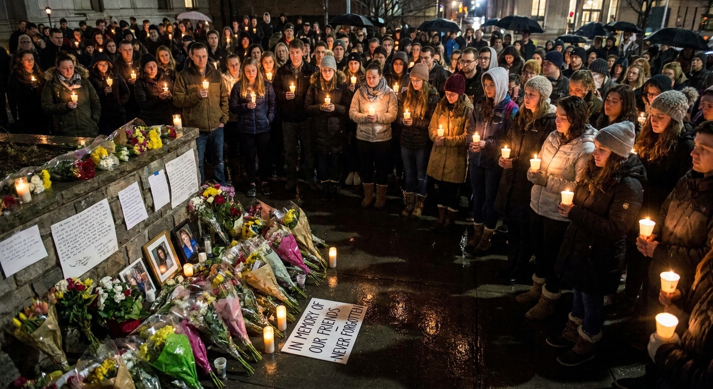 People stand together at a nighttime candlelight vigil, holding candles near a small memorial of flowers