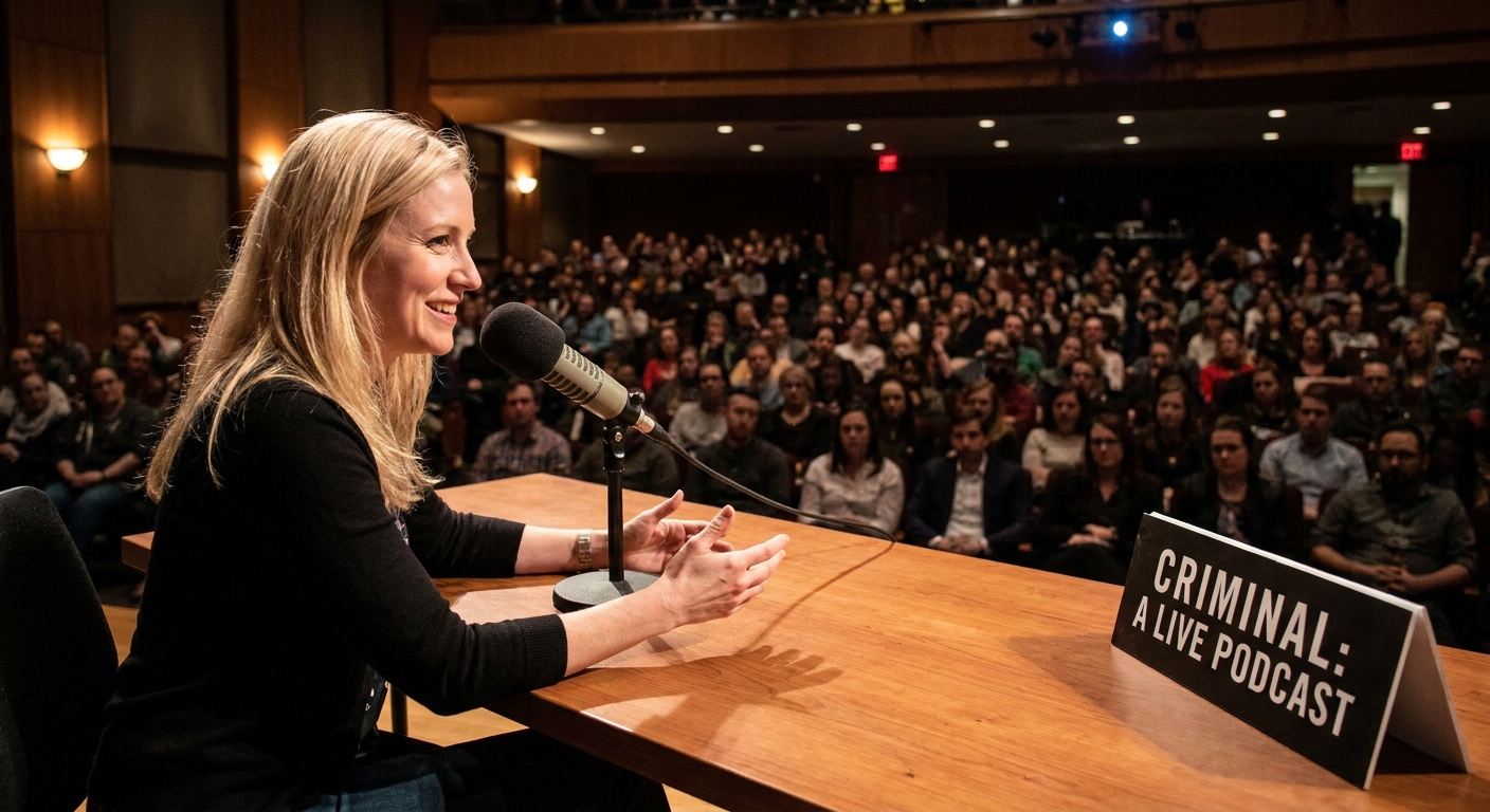Phoebe Judge seated at a table with a microphone during a live podcast recording, speaking calmly to an audience