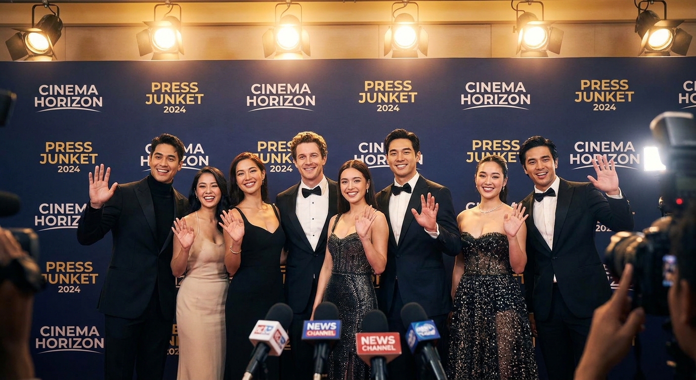 Promotional-style cast photo backdrop with actors posed for a media event, photographed under bright lights