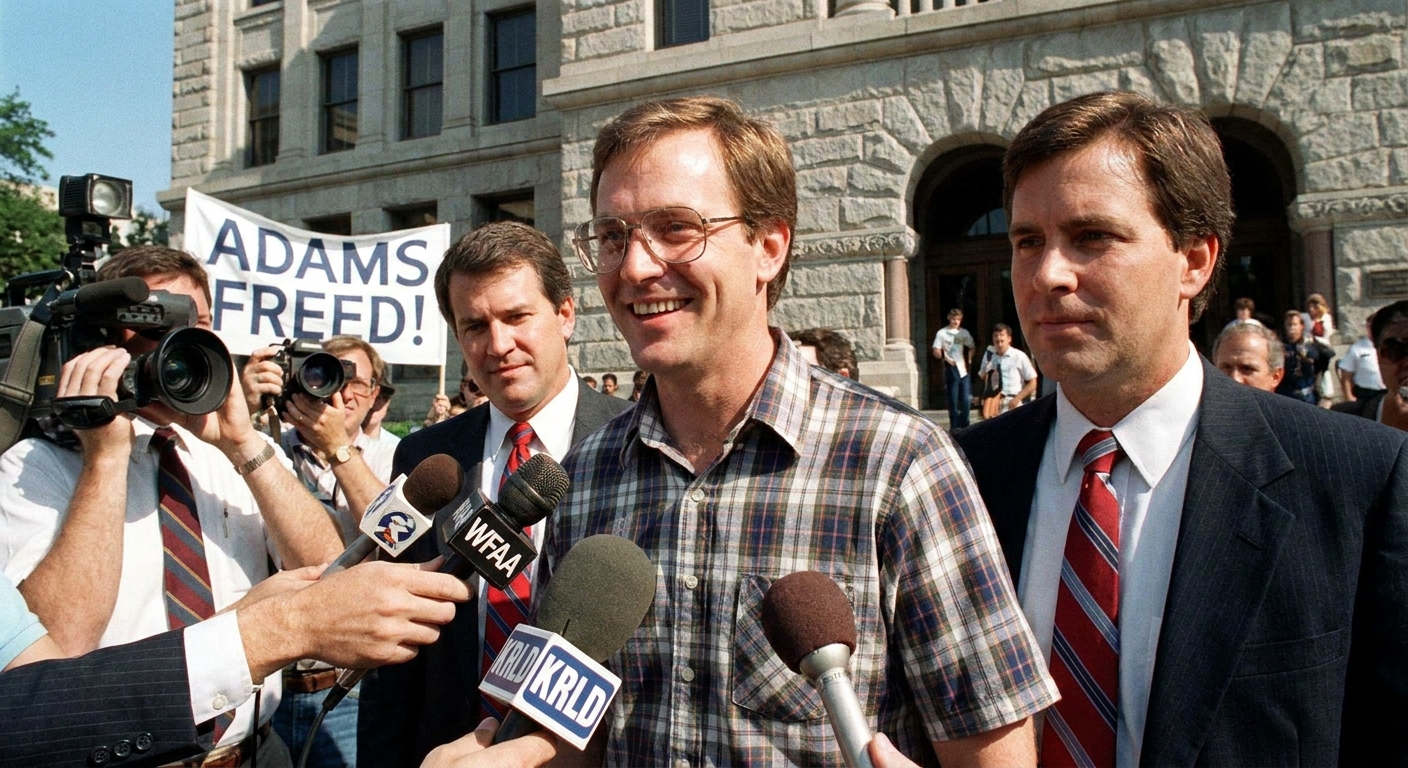 Randall Dale Adams speaking with his attorneys outside a Texas courthouse after his release, with microphones and reporters in front