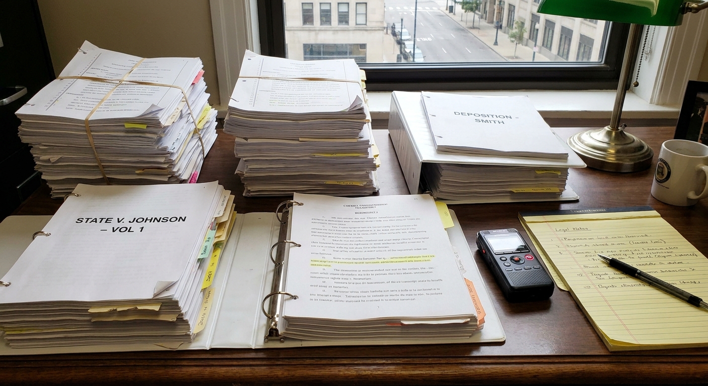 Stacks of printed court transcripts and binders spread across a desk next to a digital recorder and a notepad