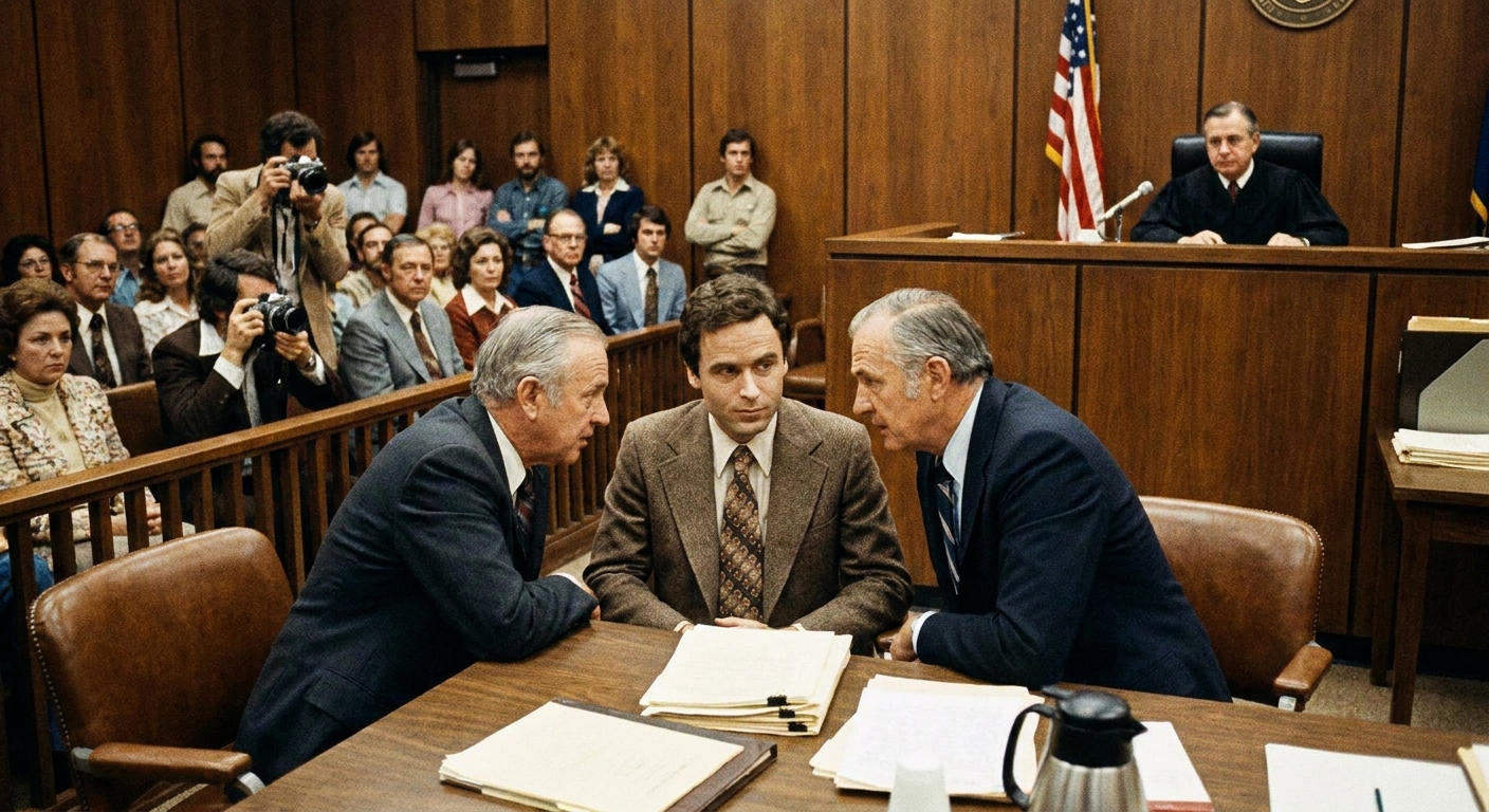 Ted Bundy in a courtroom in the late 1970s, seated at a defense table with attorneys nearby