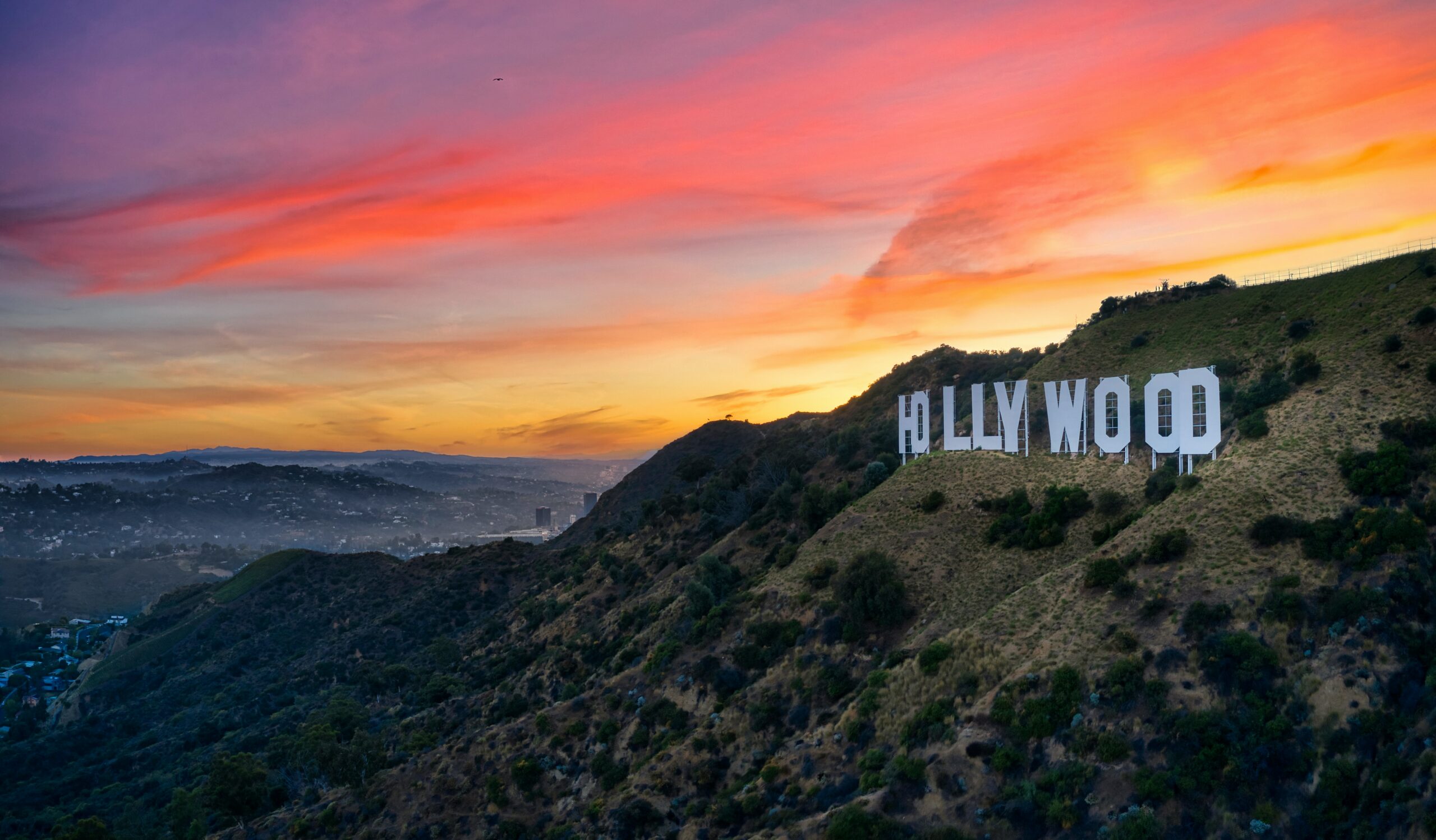 The Hollywood sign on a clear day in Los Angeles, photographed from a distance with hillside brush in the foreground