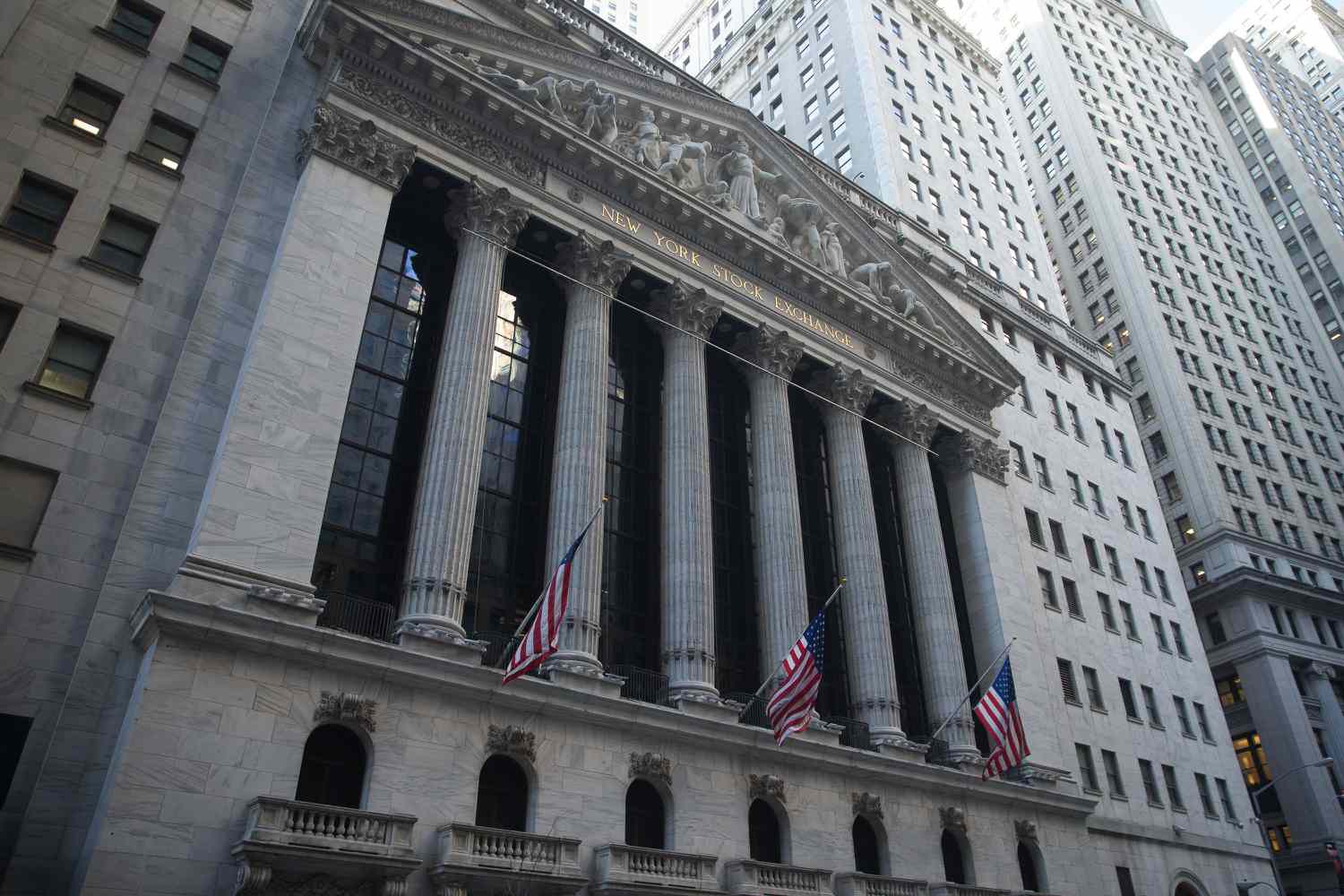 The columned facade of the New York Stock Exchange building in Manhattan.