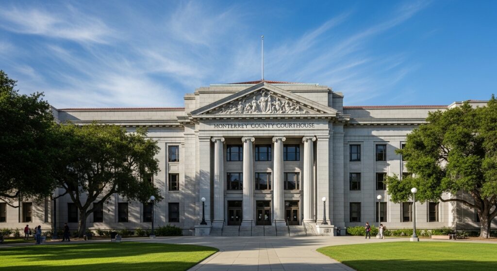 The exterior of a California courthouse building in daylight with people walking near the entrance