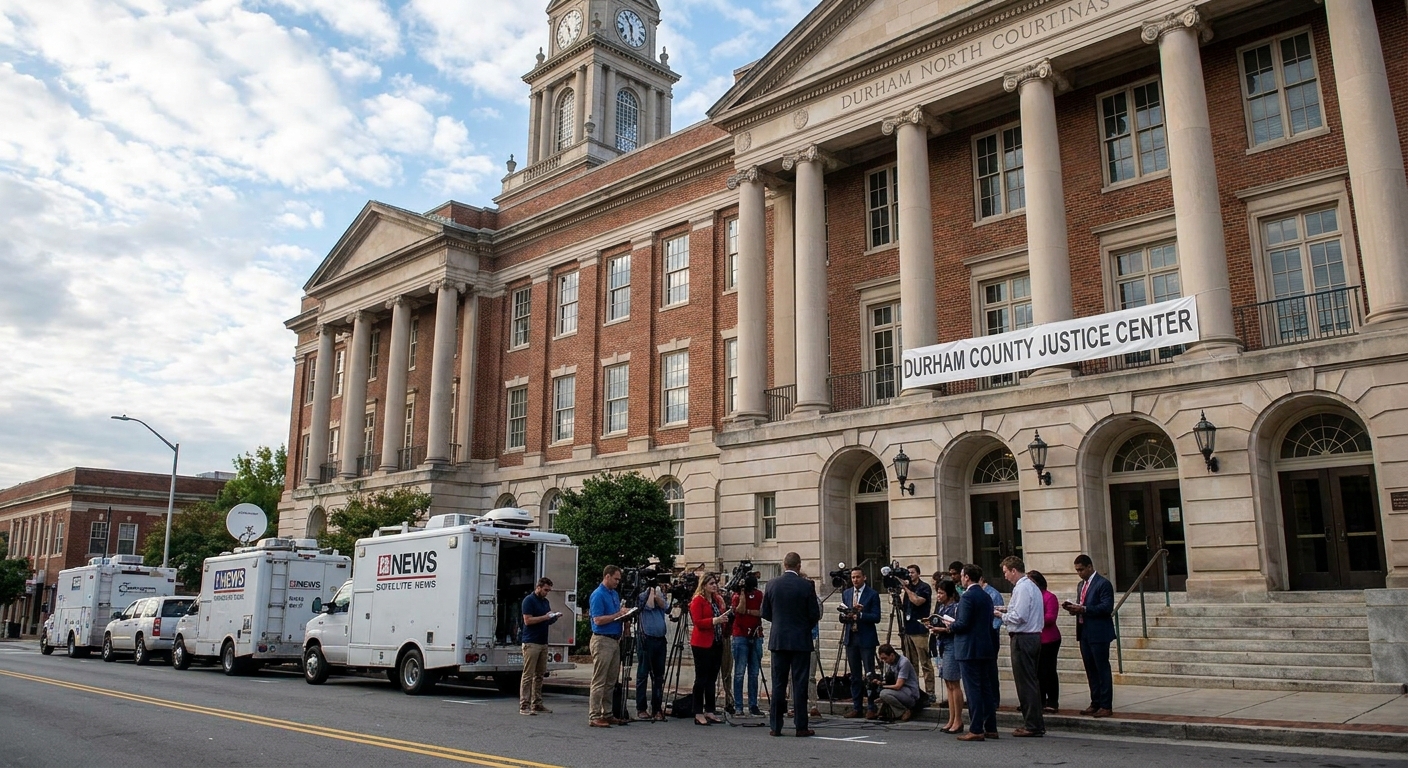 The exterior of a courthouse in Durham, North Carolina with reporters gathered near the steps on a trial morning