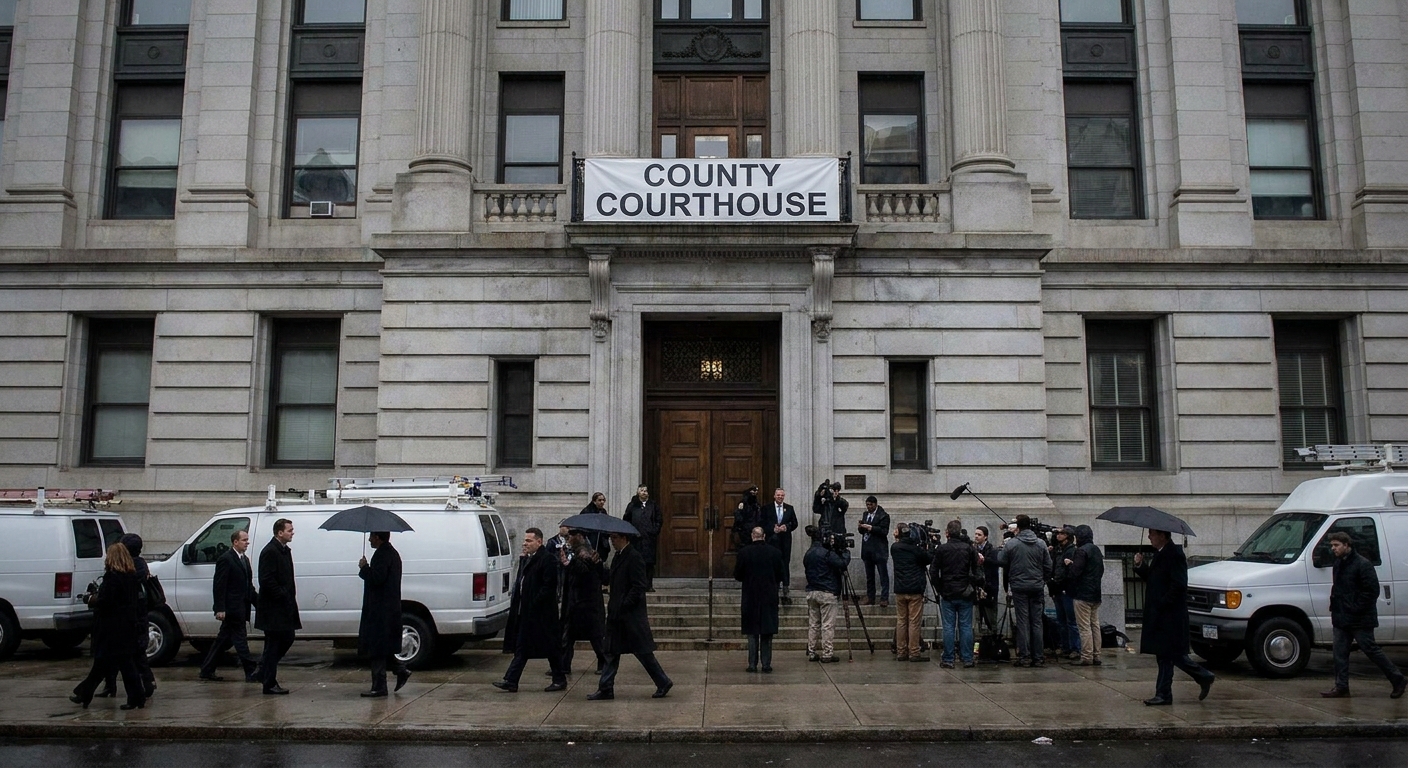 The exterior of a large county courthouse on an overcast day with people walking past, conveying the gravity of a high-profile trial