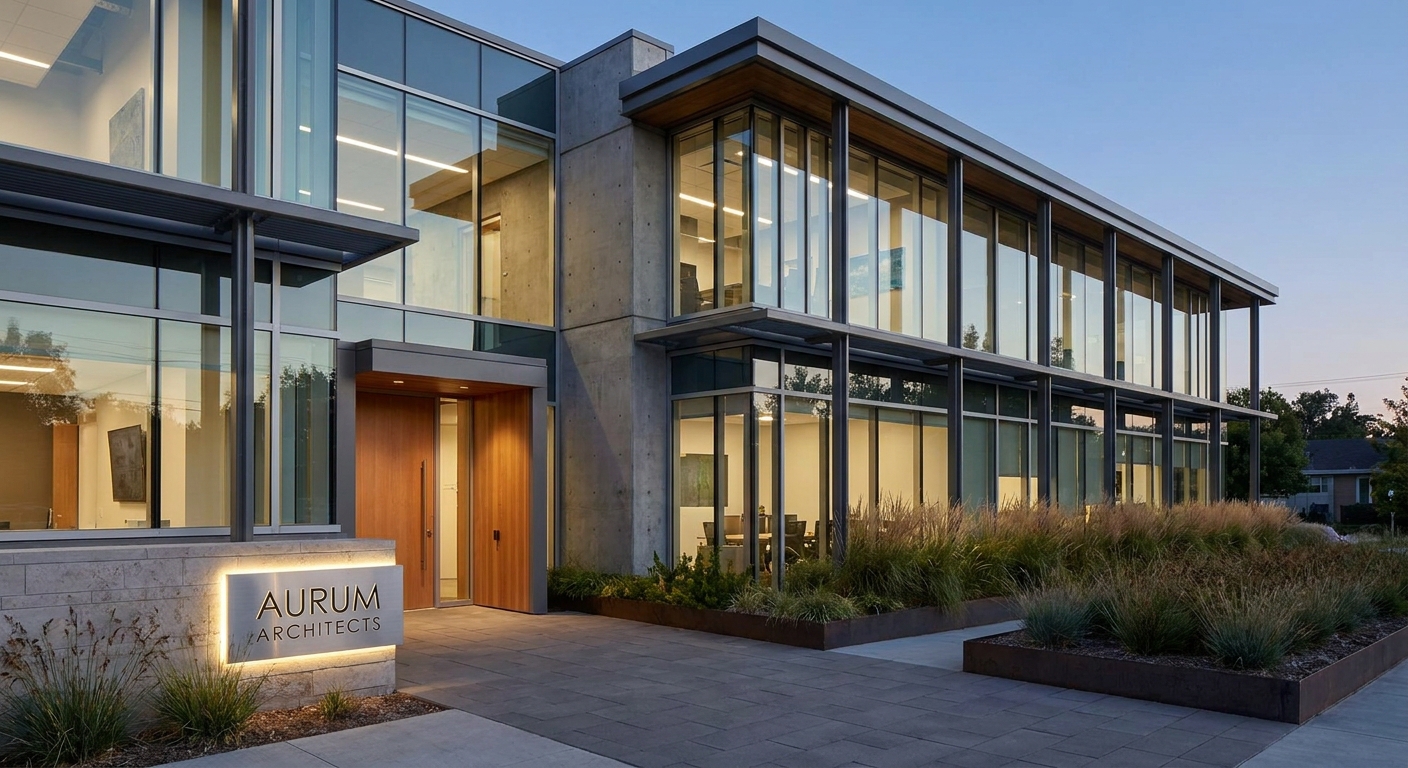 The exterior of a modern office building with a discreet sign near the entrance