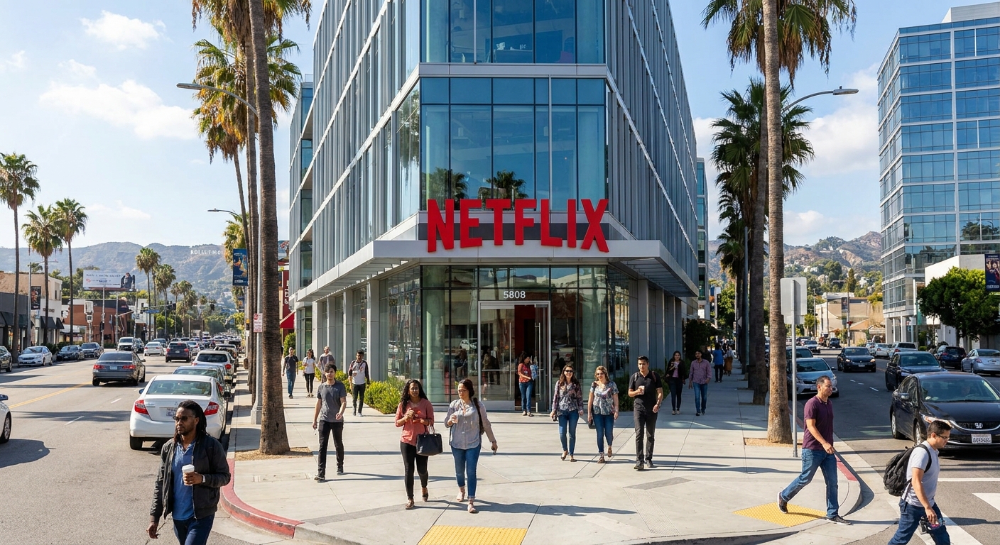The exterior of the Netflix headquarters in Los Angeles, with people walking near the entrance
