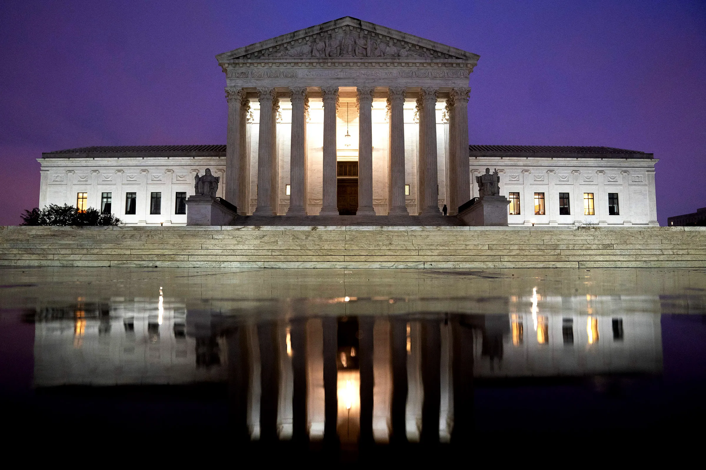 The exterior of the United States Supreme Court building with wide steps and tall columns