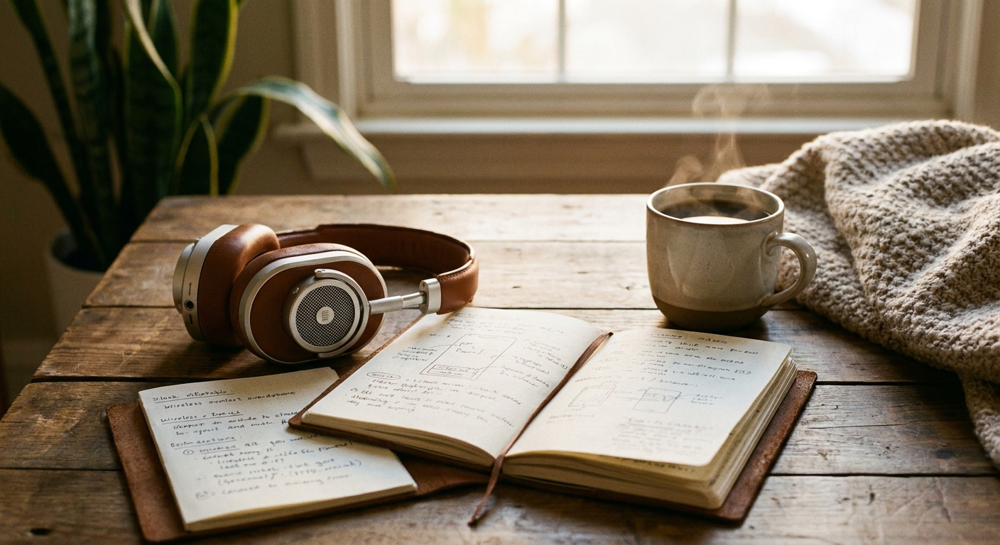 Wireless over-ear headphones resting beside an open notebook and a cup of coffee on a wooden table, cozy morning light